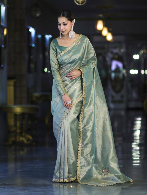 Banarasee Handwoven Tissue Saree With Handwoven Pearl Motifs & Lace-Pastel Green
