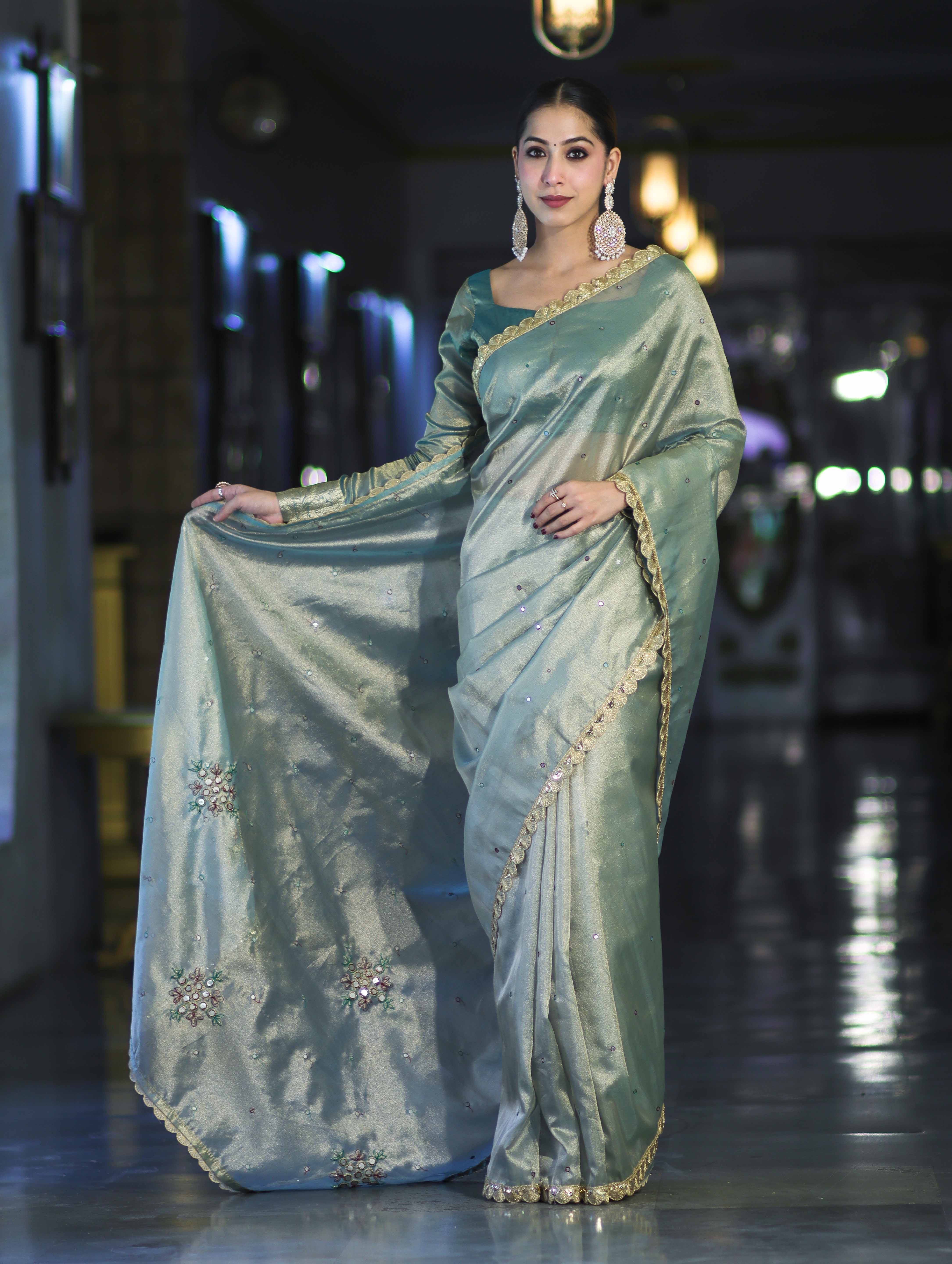 Banarasee Handwoven Tissue Saree With Handwoven Pearl Motifs & Lace-Pastel Green