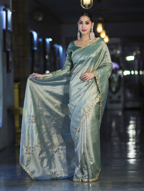 Banarasee Handwoven Tissue Saree With Handwoven Pearl Motifs & Lace-Pastel Green