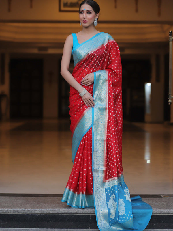 Banarasee Semi-Chiffon Saree With Silver Zari Design-Red & Blue