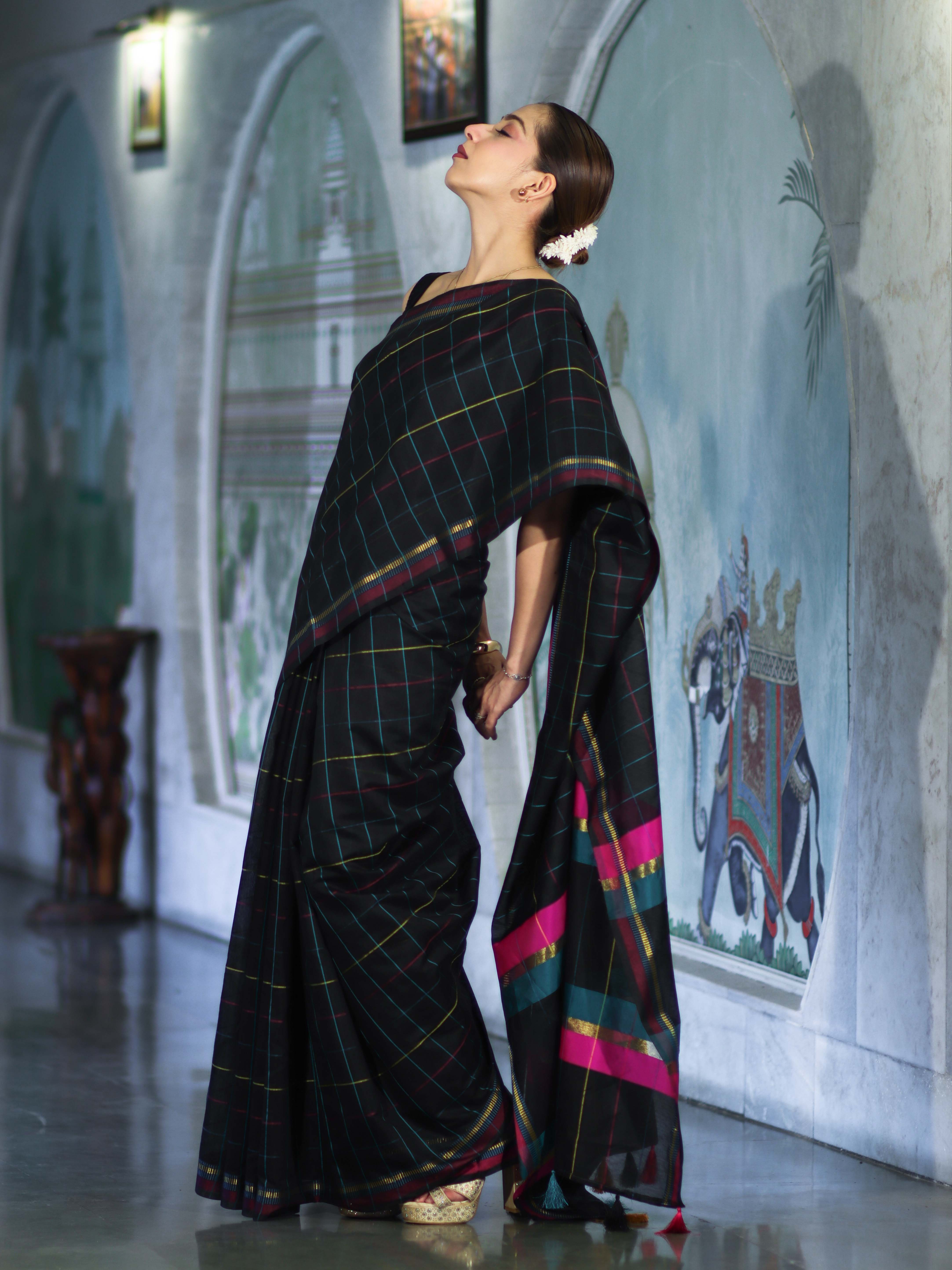 Banarasee Handloom Cotton Silk Saree With Checks Pattern & Contrast Border-Black