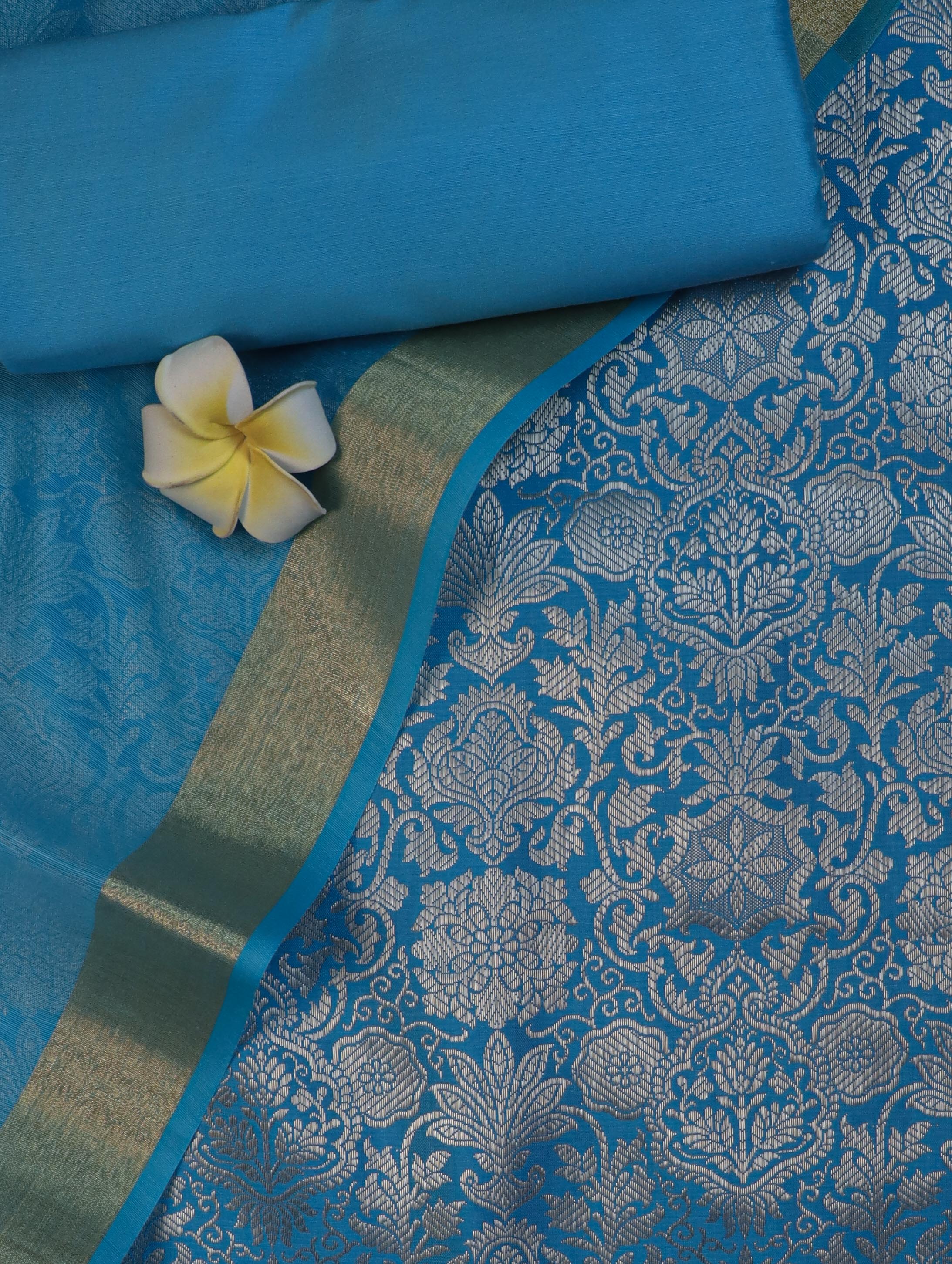 Banarasee Art Silk Salwar Kameez Fabric With Cotton Silk Dupatta Set-Sky Blue