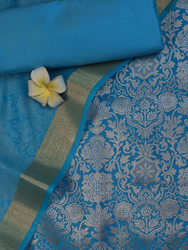 Banarasee Art Silk Salwar Kameez Fabric With Cotton Silk Dupatta Set-Sky Blue