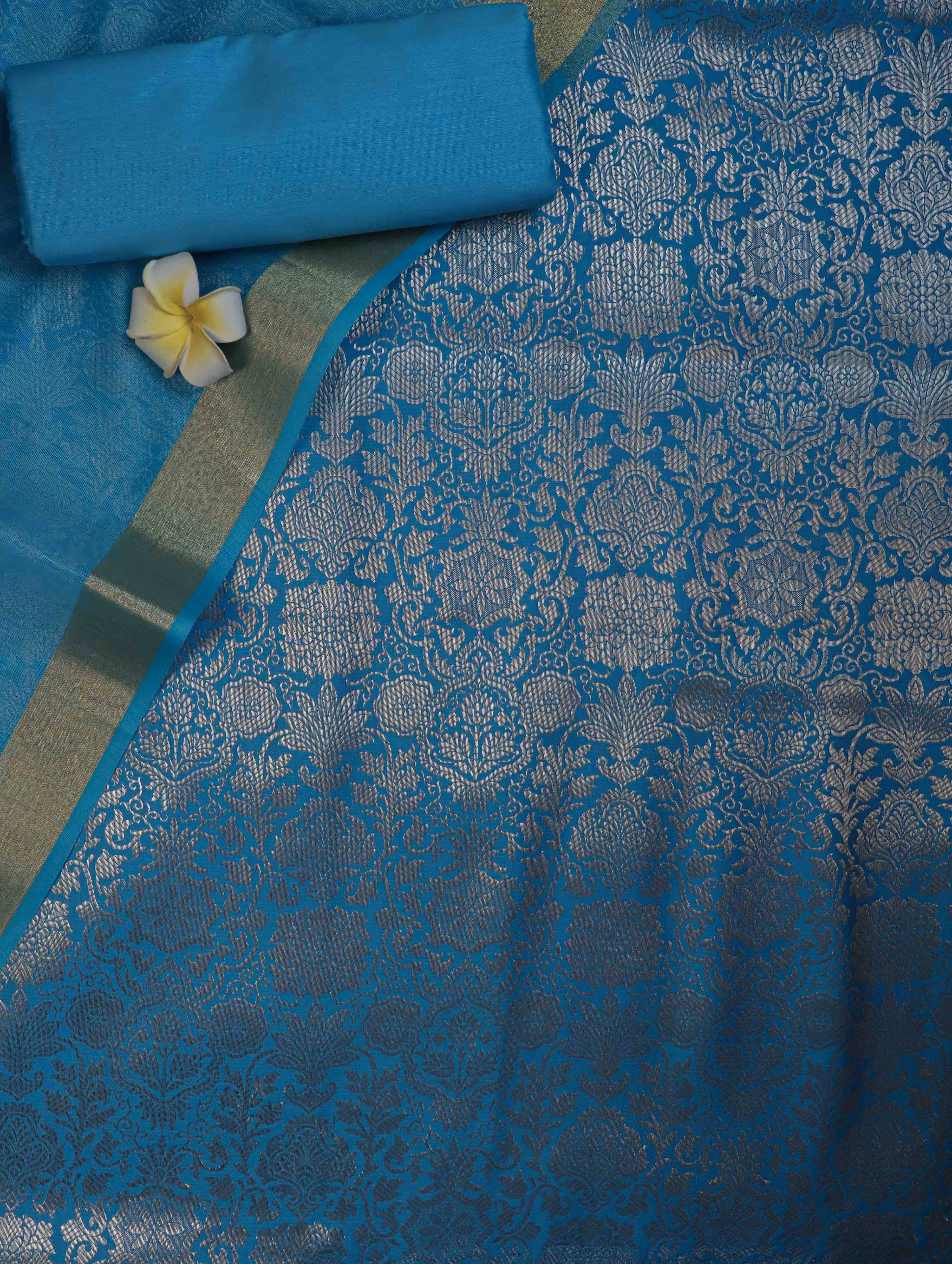 Banarasee Art Silk Salwar Kameez Fabric With Cotton Silk Dupatta Set-Sky Blue