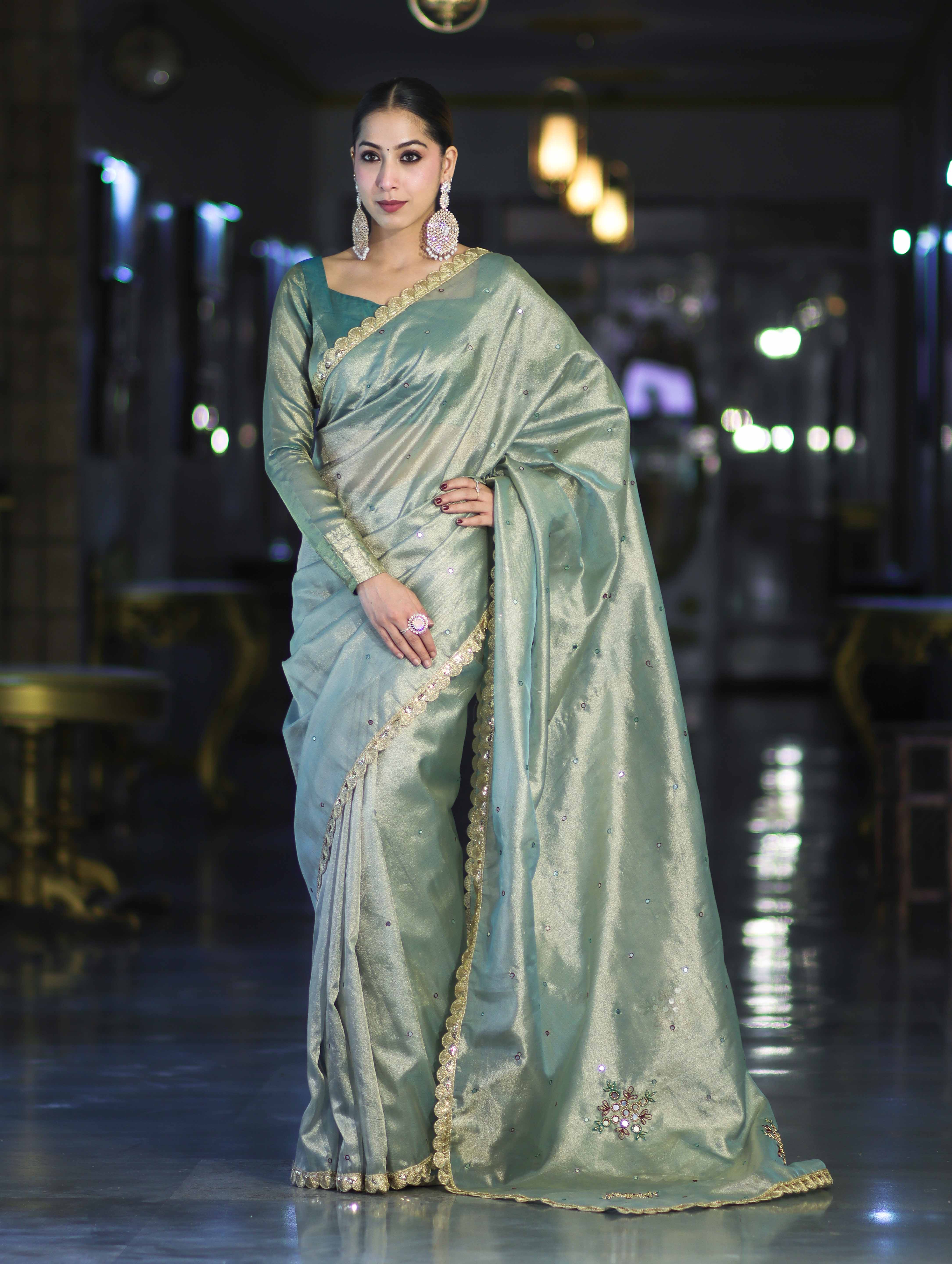 Banarasee Handwoven Tissue Saree With Handwoven Pearl Motifs & Lace-Pastel Green