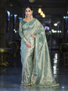 Banarasee Handwoven Tissue Saree With Handwoven Pearl Motifs & Lace-Pastel Green