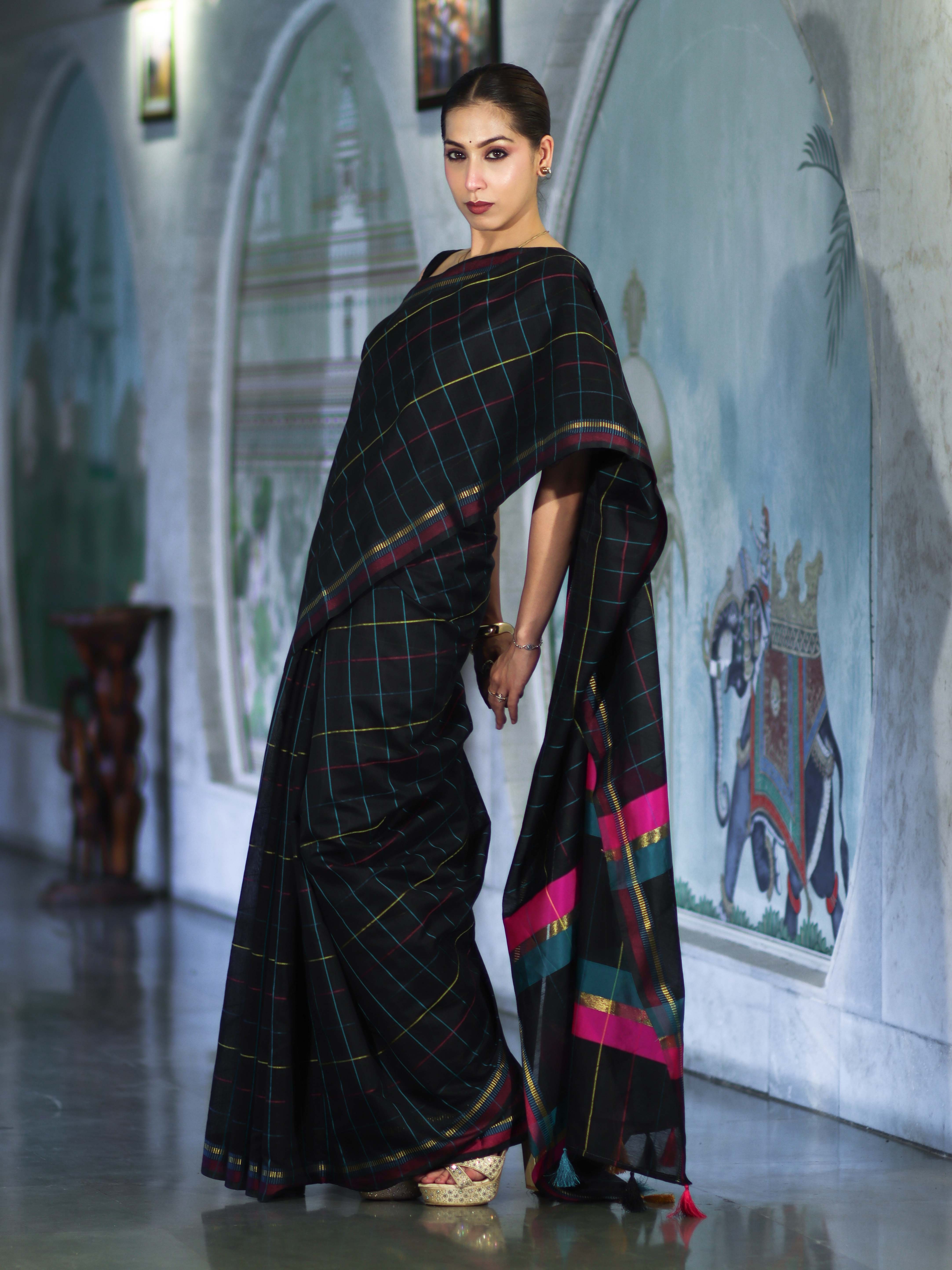 Banarasee Handloom Cotton Silk Saree With Checks Pattern & Contrast Border-Black