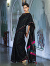 Banarasee Handloom Cotton Silk Saree With Checks Pattern & Contrast Border-Black