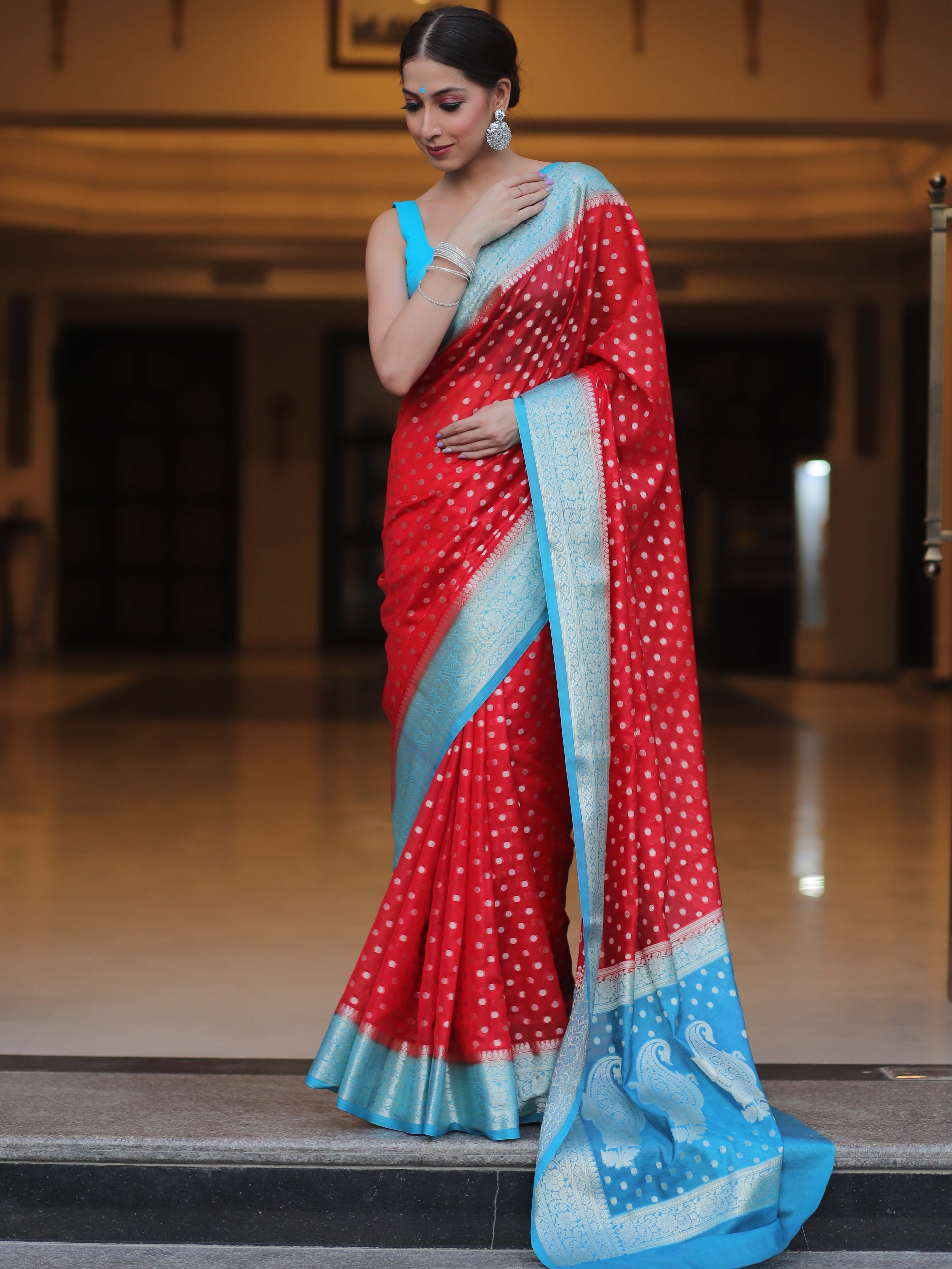 Banarasee Semi-Chiffon Saree With Silver Zari Design-Red & Blue