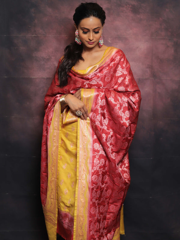 Banarasee Salwar Kameez Semi Katan Silk Fabric With Zari Work-Yellow & Red