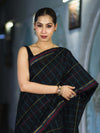 Banarasee Handloom Cotton Silk Saree With Checks Pattern & Contrast Border-Black