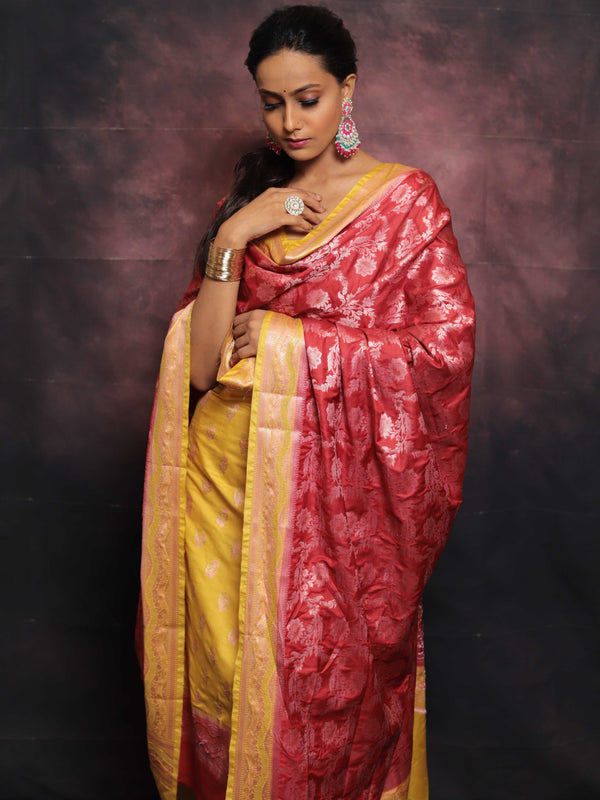 Banarasee Salwar Kameez Semi Katan Silk Fabric With Zari Work-Yellow & Red