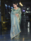 Banarasee Handwoven Tissue Saree With Handwoven Pearl Motifs & Lace-Pastel Green