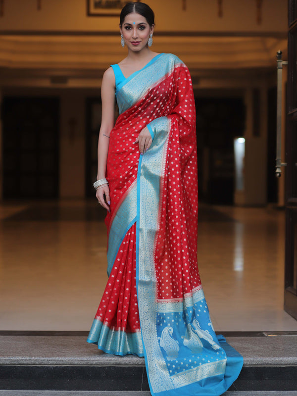 Banarasee Semi-Chiffon Saree With Silver Zari Design-Red & Blue