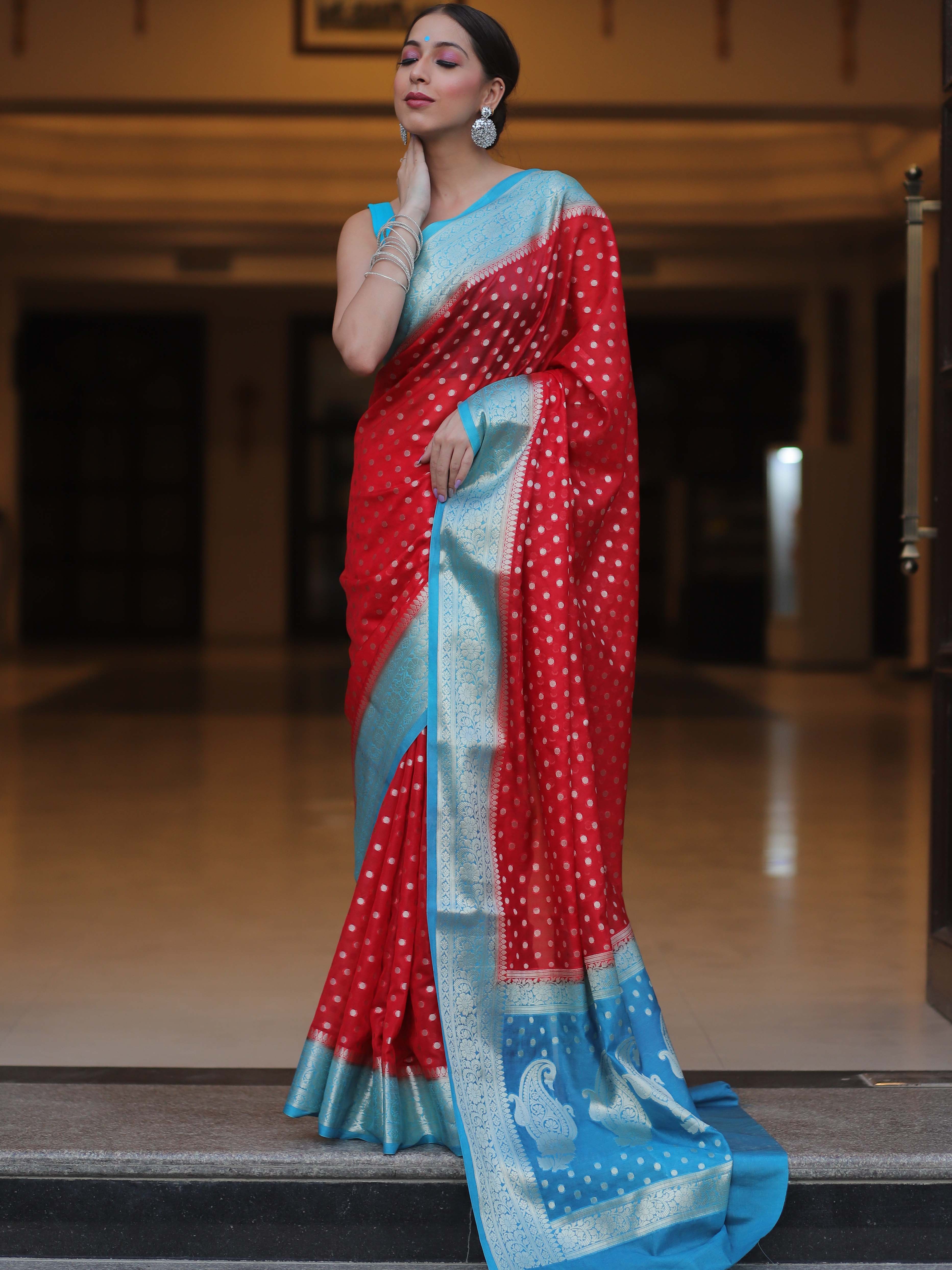 Banarasee Semi-Chiffon Saree With Silver Zari Design-Red & Blue
