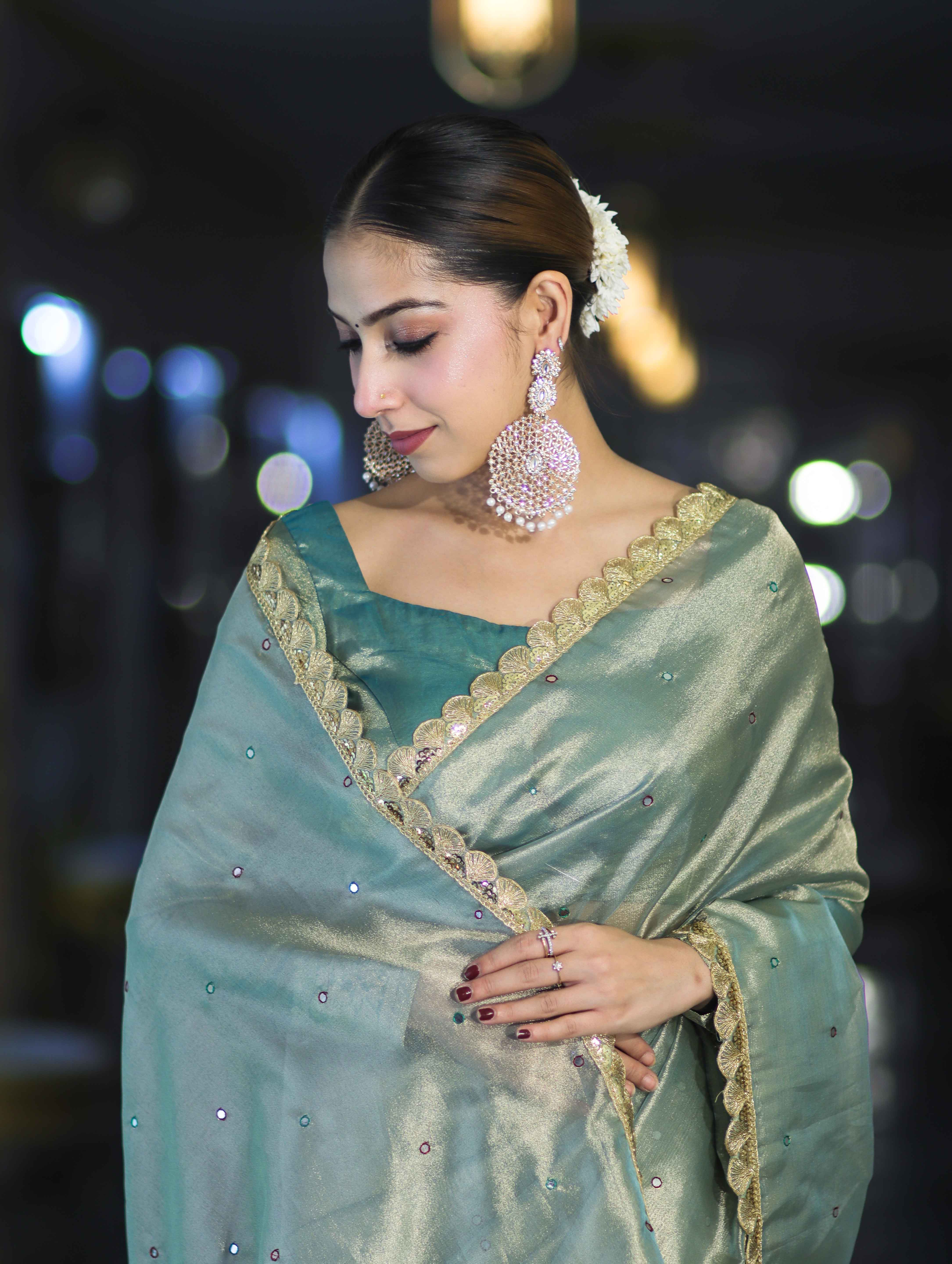 Banarasee Handwoven Tissue Saree With Handwoven Pearl Motifs & Lace-Pastel Green