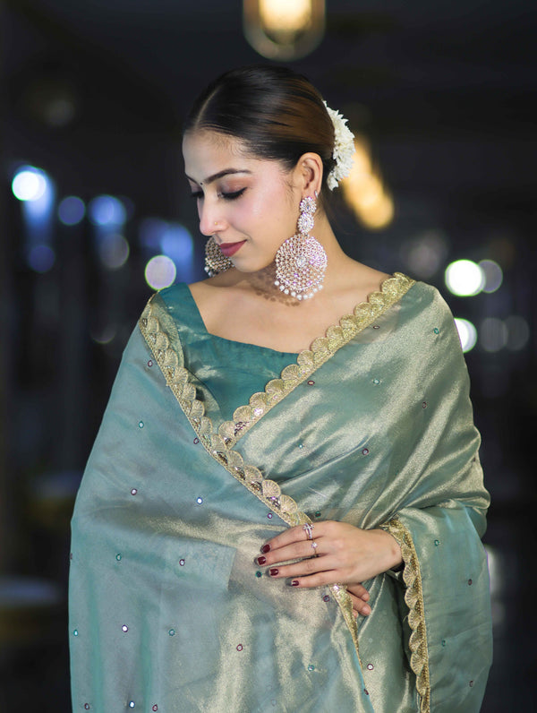 Banarasee Handwoven Tissue Saree With Handwoven Pearl Motifs & Lace-Pastel Green