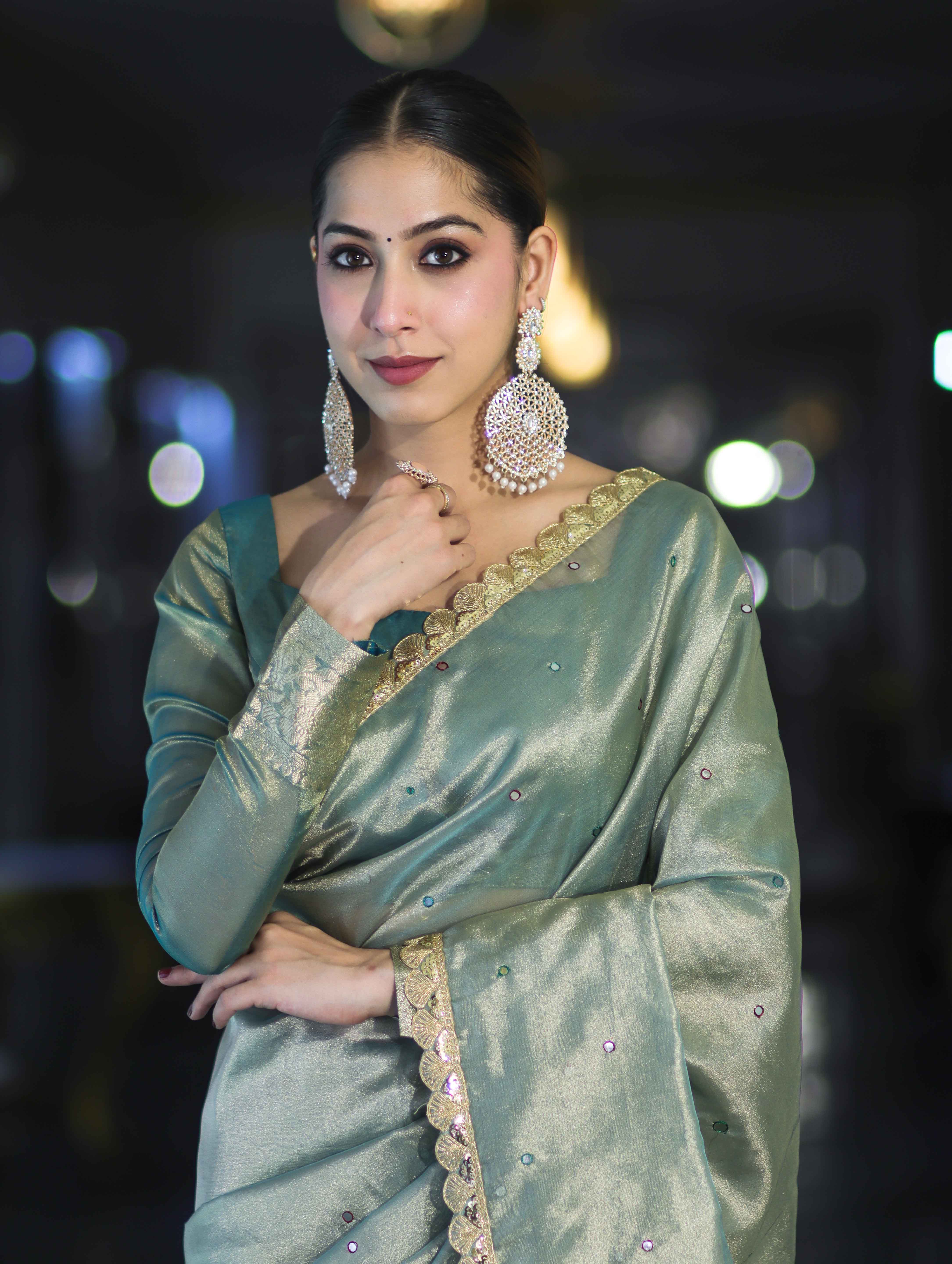 Banarasee Handwoven Tissue Saree With Handwoven Pearl Motifs & Lace-Pastel Green