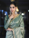 Banarasee Handwoven Tissue Saree With Handwoven Pearl Motifs & Lace-Pastel Green