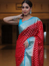 Banarasee Semi-Chiffon Saree With Silver Zari Design-Red & Blue