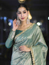 Banarasee Handwoven Tissue Saree With Handwoven Pearl Motifs & Lace-Pastel Green