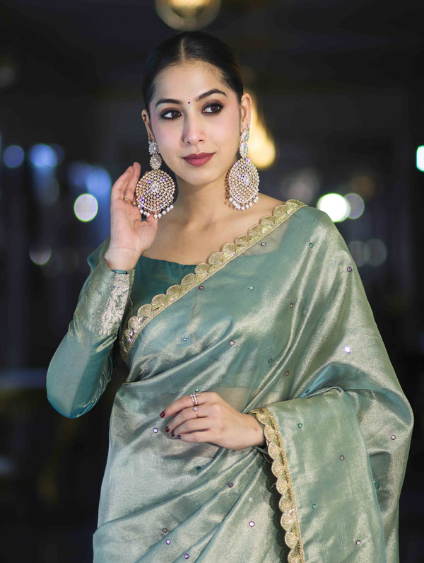 Banarasee Handwoven Tissue Saree With Handwoven Pearl Motifs & Lace-Pastel Green