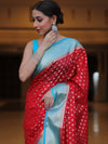 Banarasee Semi-Chiffon Saree With Silver Zari Design-Red & Blue