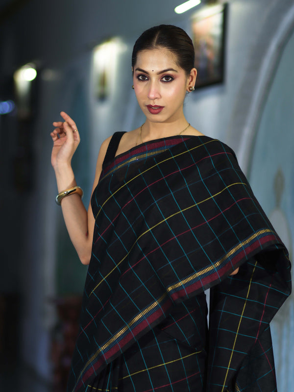 Banarasee Handloom Cotton Silk Saree With Checks Pattern & Contrast Border-Black