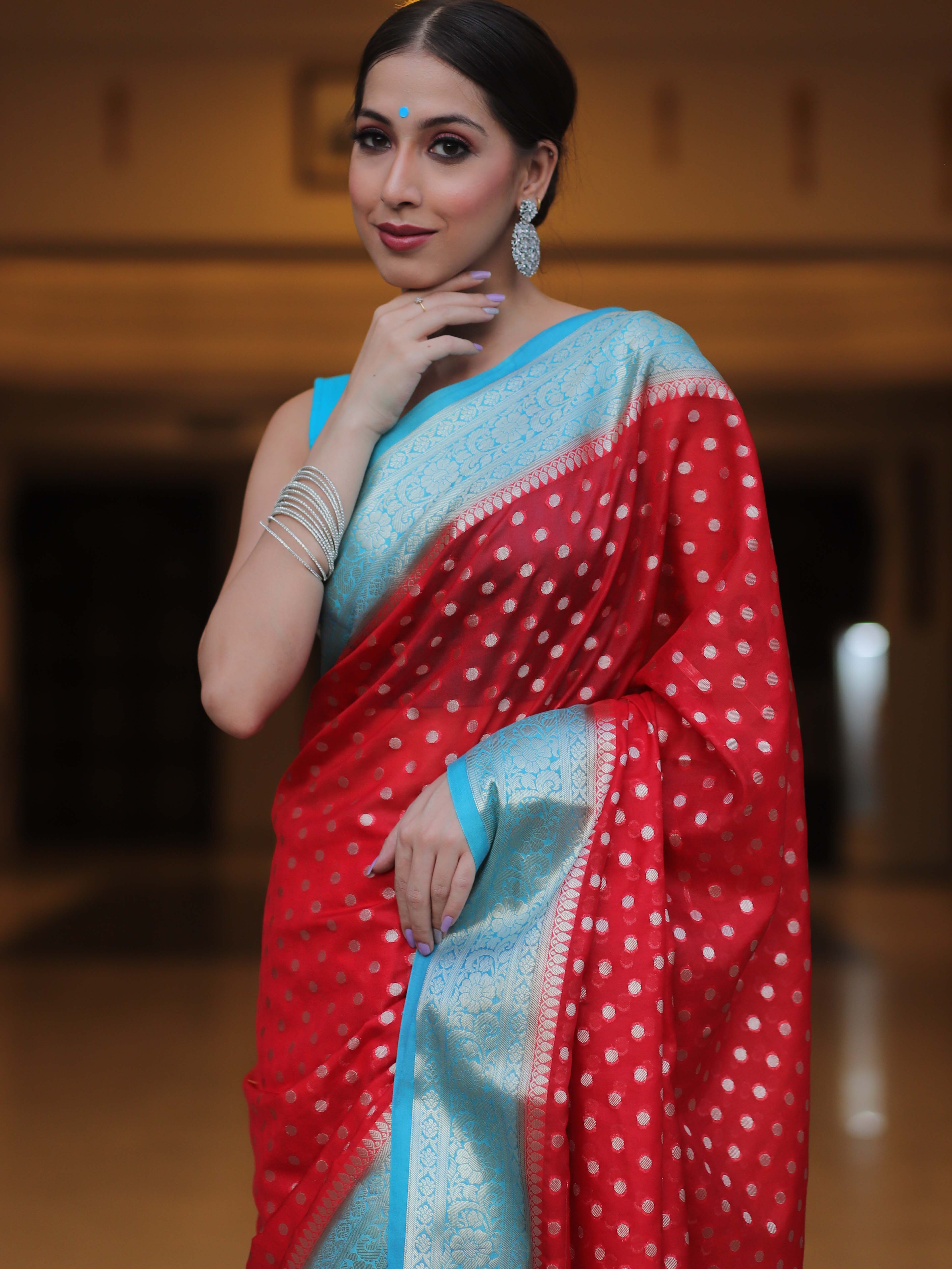 Banarasee Semi-Chiffon Saree With Silver Zari Design-Red & Blue