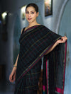 Banarasee Handloom Cotton Silk Saree With Checks Pattern & Contrast Border-Black