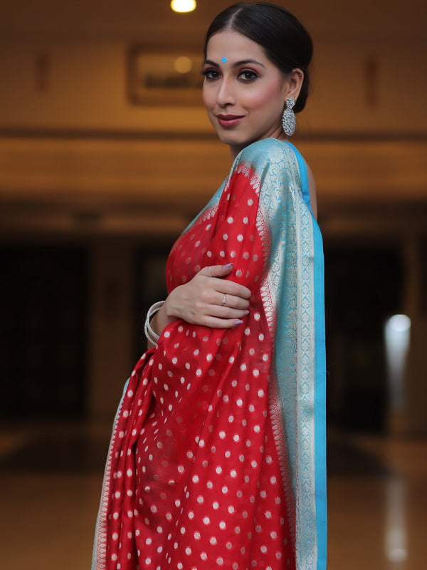 Banarasee Semi-Chiffon Saree With Silver Zari Design-Red & Blue