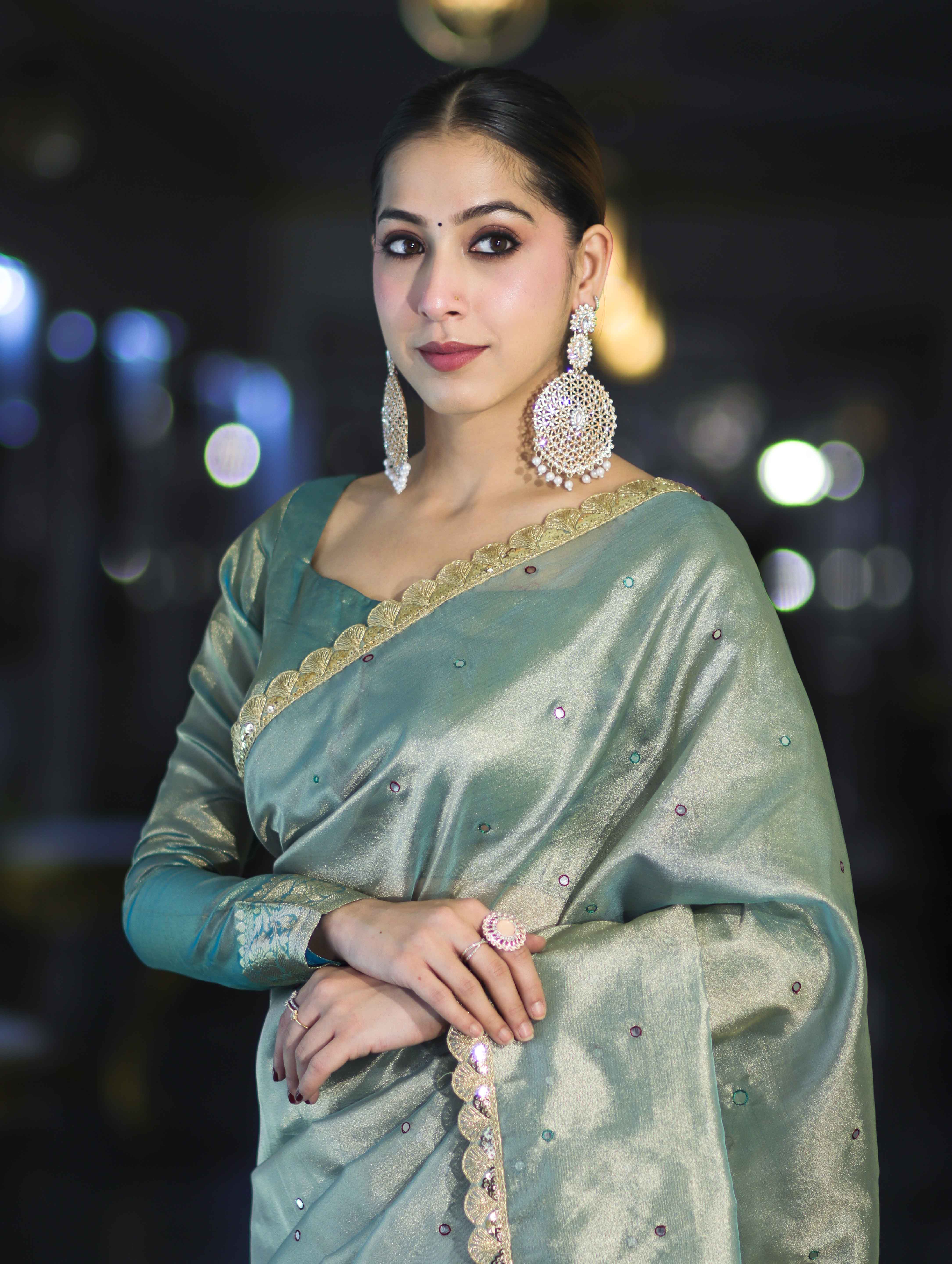 Banarasee Handwoven Tissue Saree With Handwoven Pearl Motifs & Lace-Pastel Green