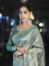 Banarasee Handwoven Tissue Saree With Handwoven Pearl Motifs & Lace-Pastel Green