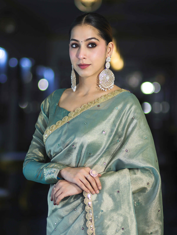 Banarasee Handwoven Tissue Saree With Handwoven Pearl Motifs & Lace-Pastel Green