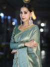 Banarasee Handwoven Tissue Saree With Handwoven Pearl Motifs & Lace-Pastel Green