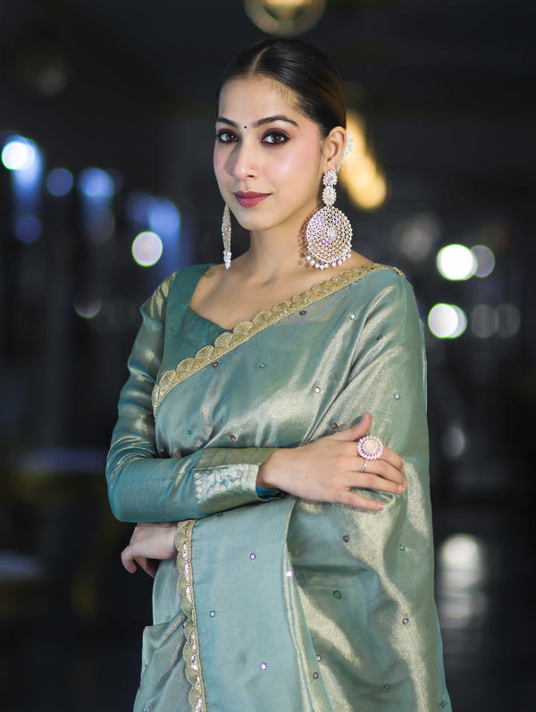 Banarasee Handwoven Tissue Saree With Handwoven Pearl Motifs & Lace-Pastel Green