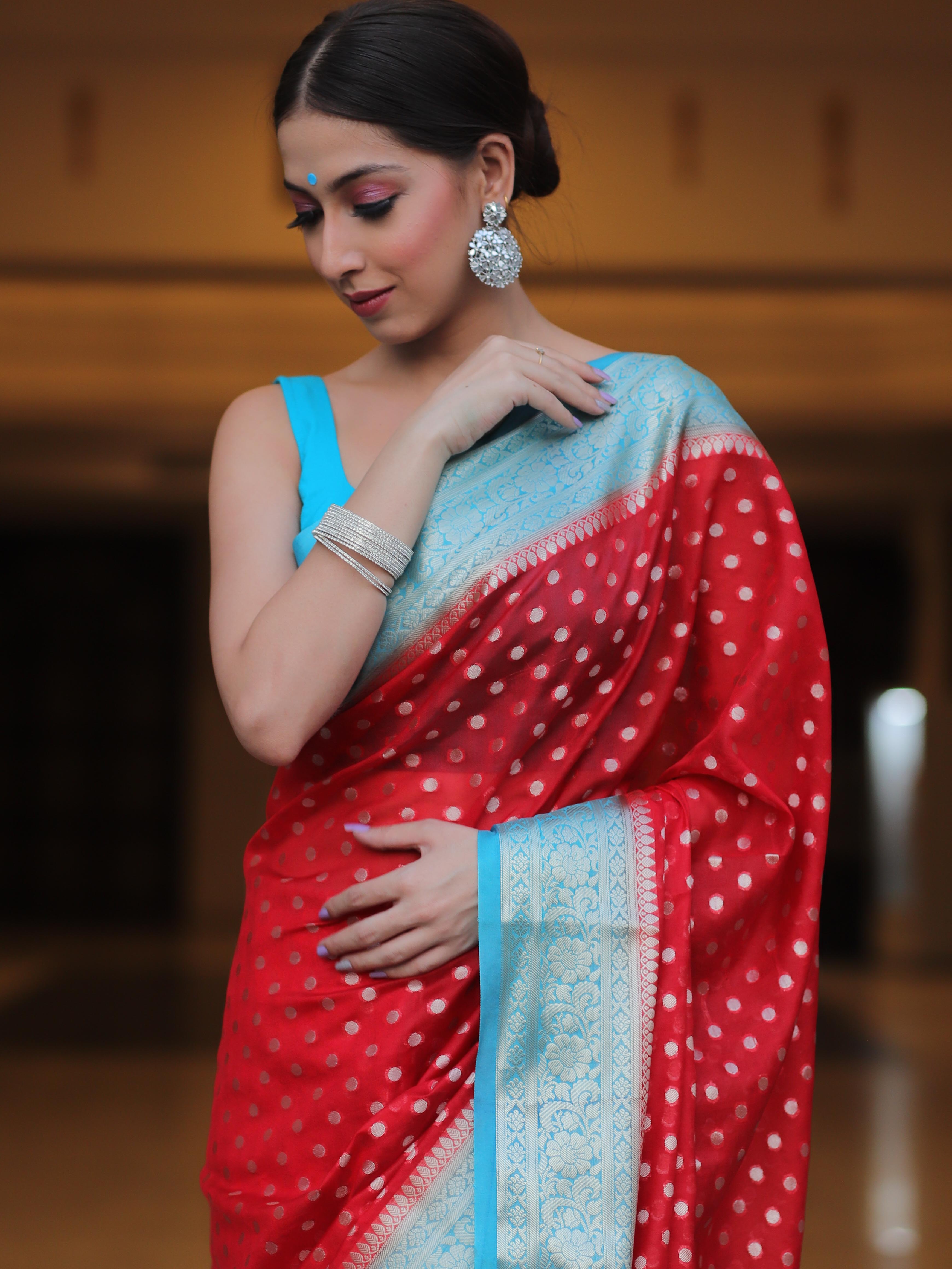 Banarasee Semi-Chiffon Saree With Silver Zari Design-Red & Blue