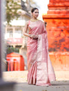 Banarasee Handloom Tissue Saree With Zari Buta Design Border & Lace-Peach