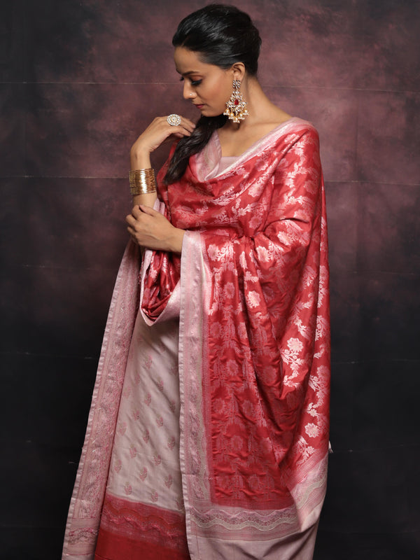 Banarasee Salwar Kameez Semi Katan Silk Fabric With Zari Work-Mauve & Red