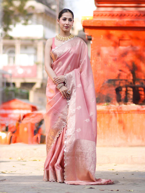 Banarasee Handloom Tissue Saree With Zari Buta Design Border & Lace-Peach