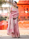 Banarasee Handloom Tissue Saree With Zari Buta Design Border & Lace-Peach