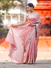 Banarasee Handloom Tissue Saree With Zari Buta Design Border & Lace-Peach