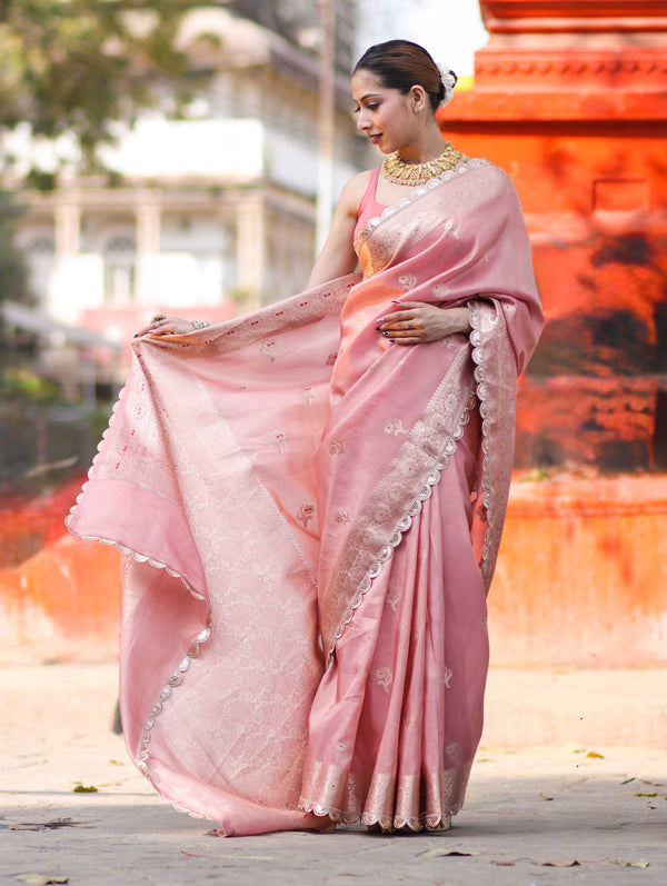 Banarasee Handloom Tissue Saree With Zari Buta Design Border & Lace-Peach