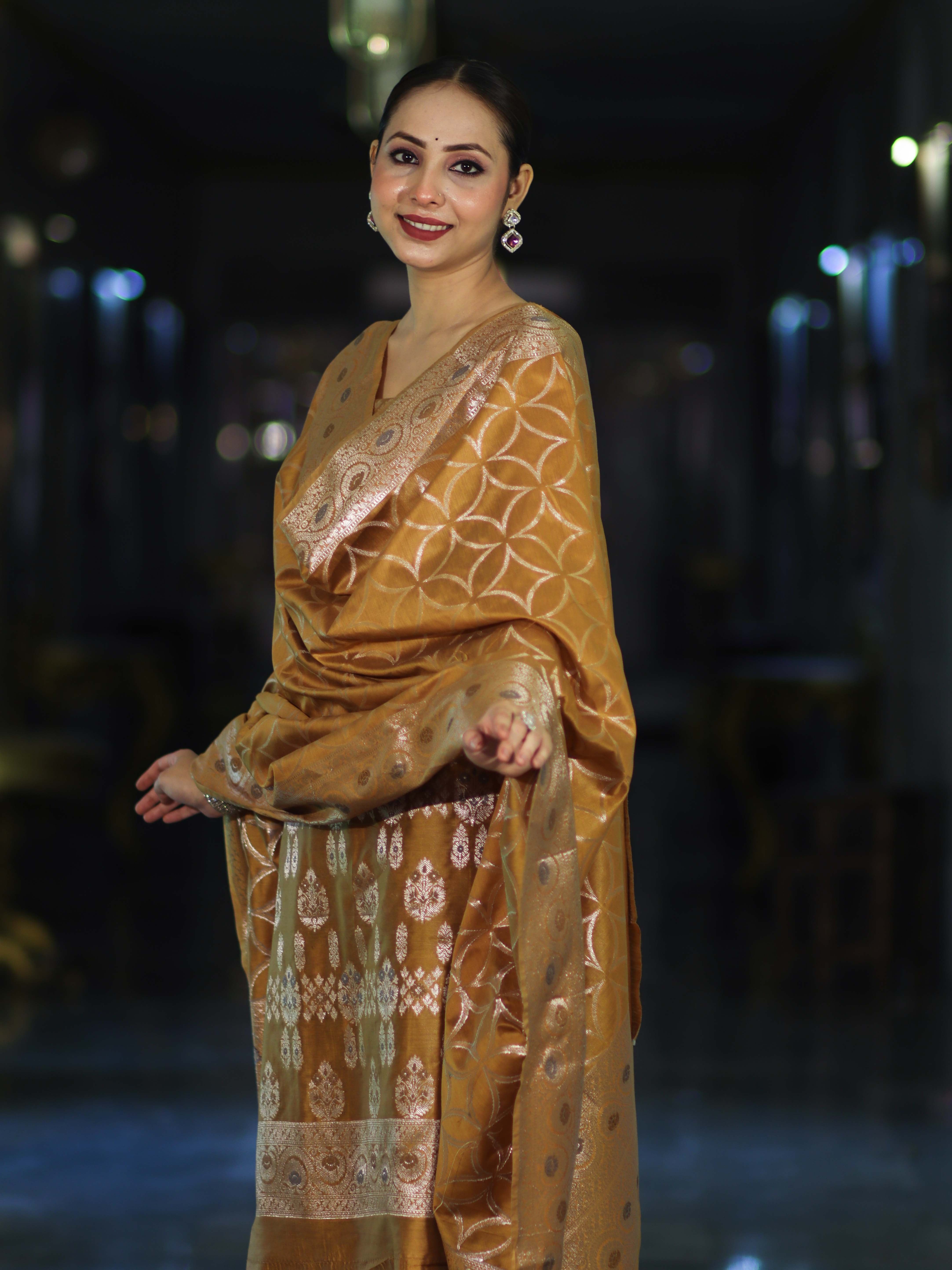 Banarasee Cotton Silk Zari Work Salwar Kameez Fabric With Dupatta Set-Mustard Yellow