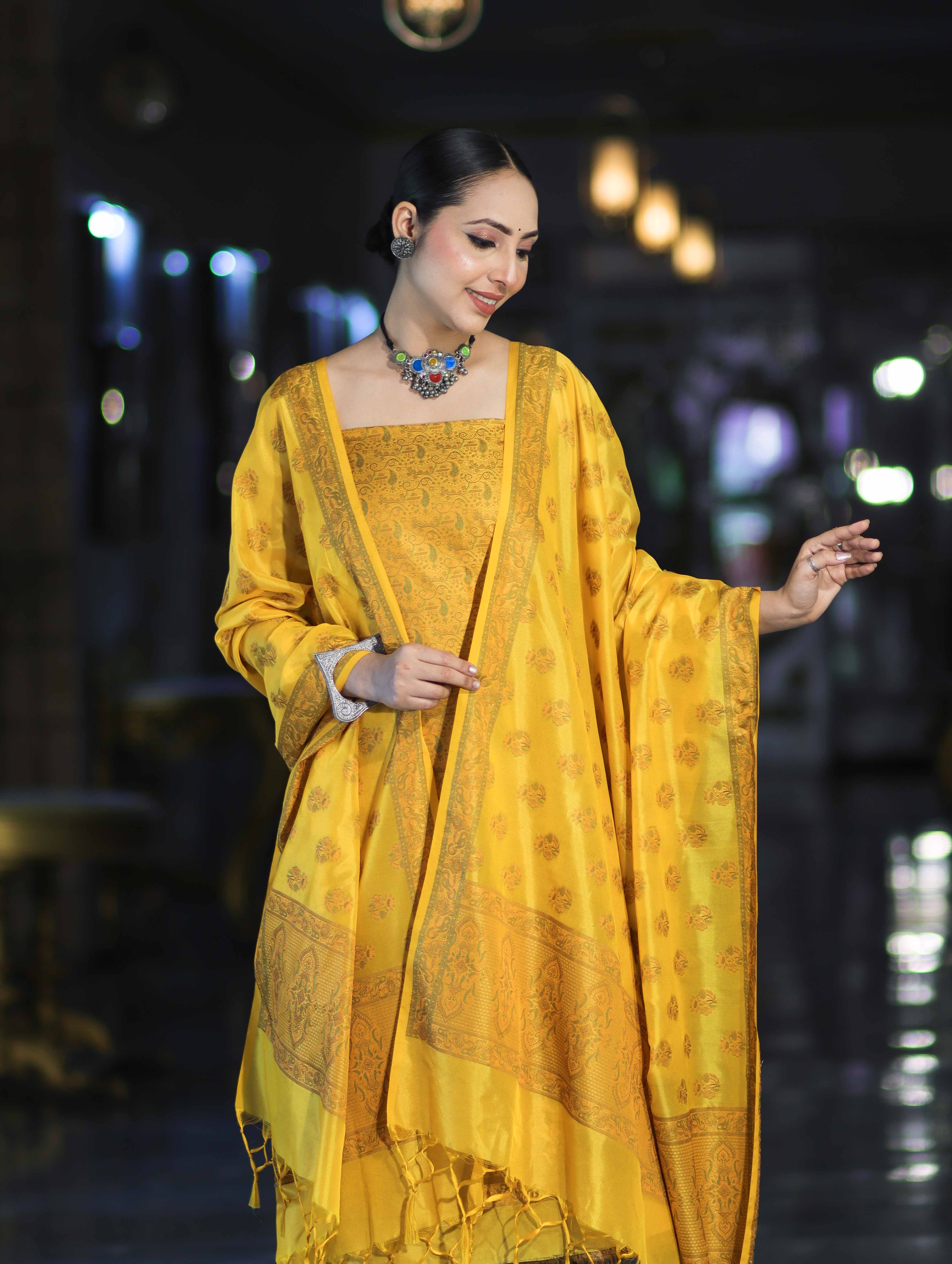 Banarasee Semi Katan Jamewar Weaving Salwar Kameez Fabric With Dupatta Set-Yellow