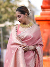 Banarasee Handloom Tissue Saree With Zari Buta Design Border & Lace-Peach
