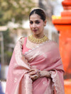 Banarasee Handloom Tissue Saree With Zari Buta Design Border & Lace-Peach