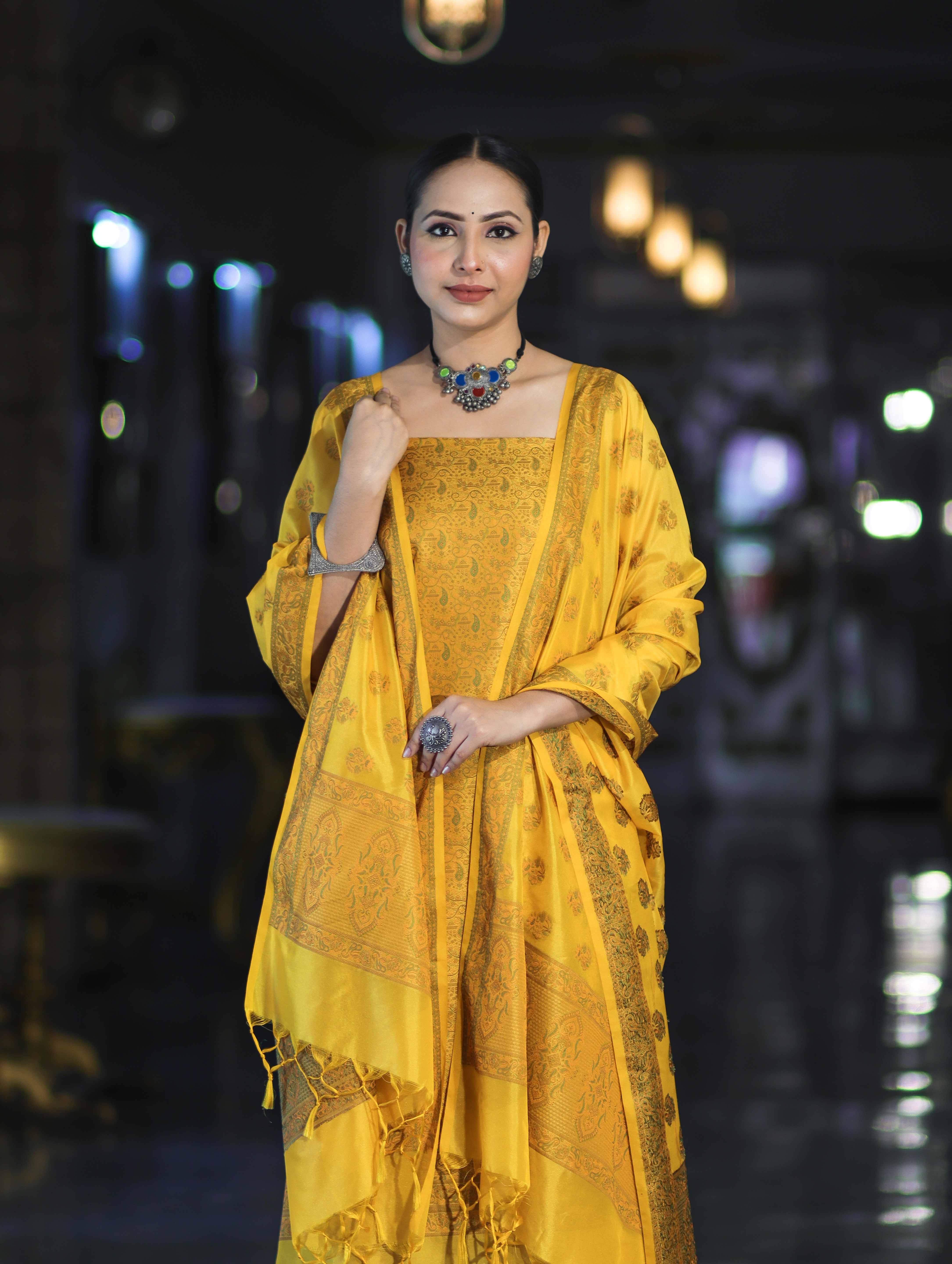 Banarasee Semi Katan Jamewar Weaving Salwar Kameez Fabric With Dupatta Set-Yellow