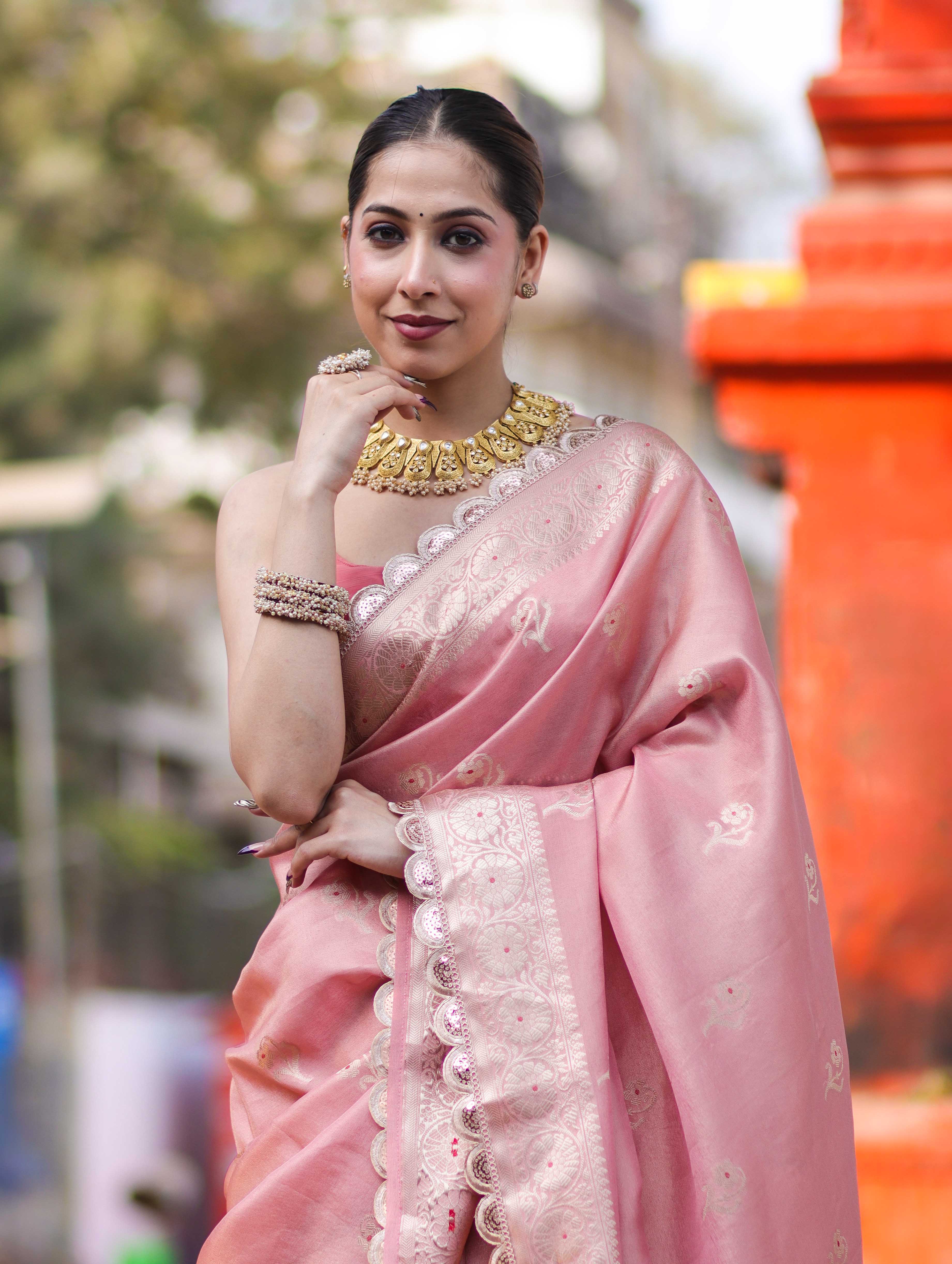 Banarasee Handloom Tissue Saree With Zari Buta Design Border & Lace-Peach