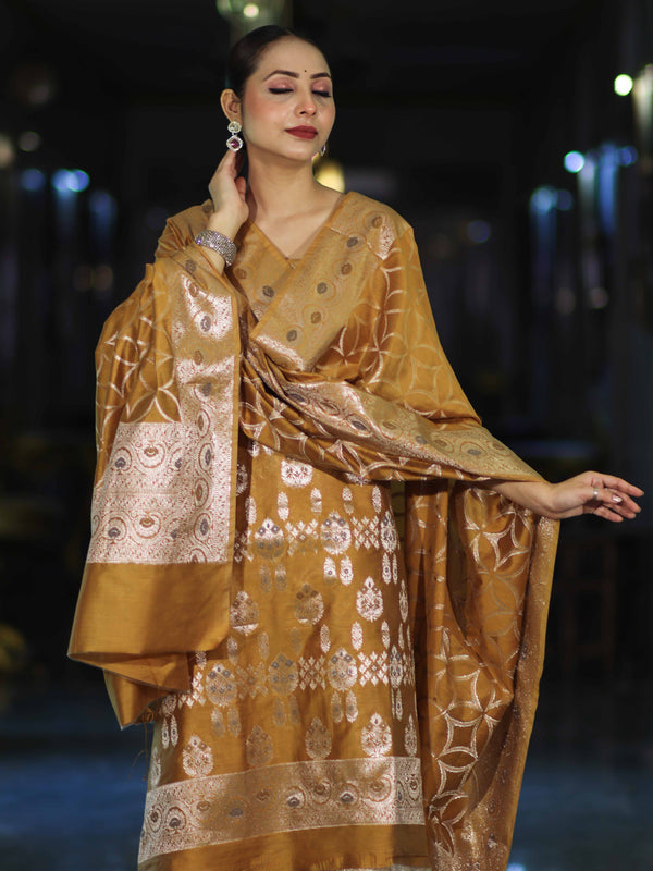 Banarasee Cotton Silk Zari Work Salwar Kameez Fabric With Dupatta Set-Mustard Yellow